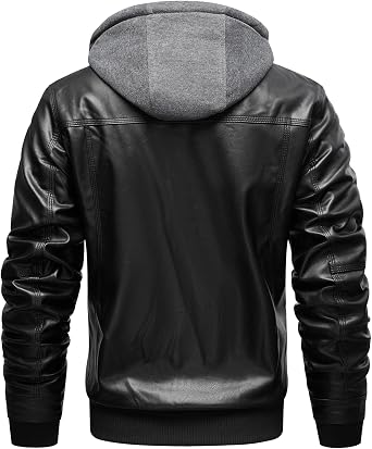 INVACHI Men's Faux Leather Motorcycle Bomber Jacket with Removable Hood