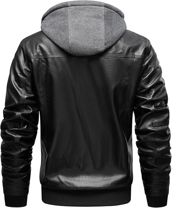 INVACHI Men's Faux Leather Motorcycle Bomber Jacket with Removable Hood