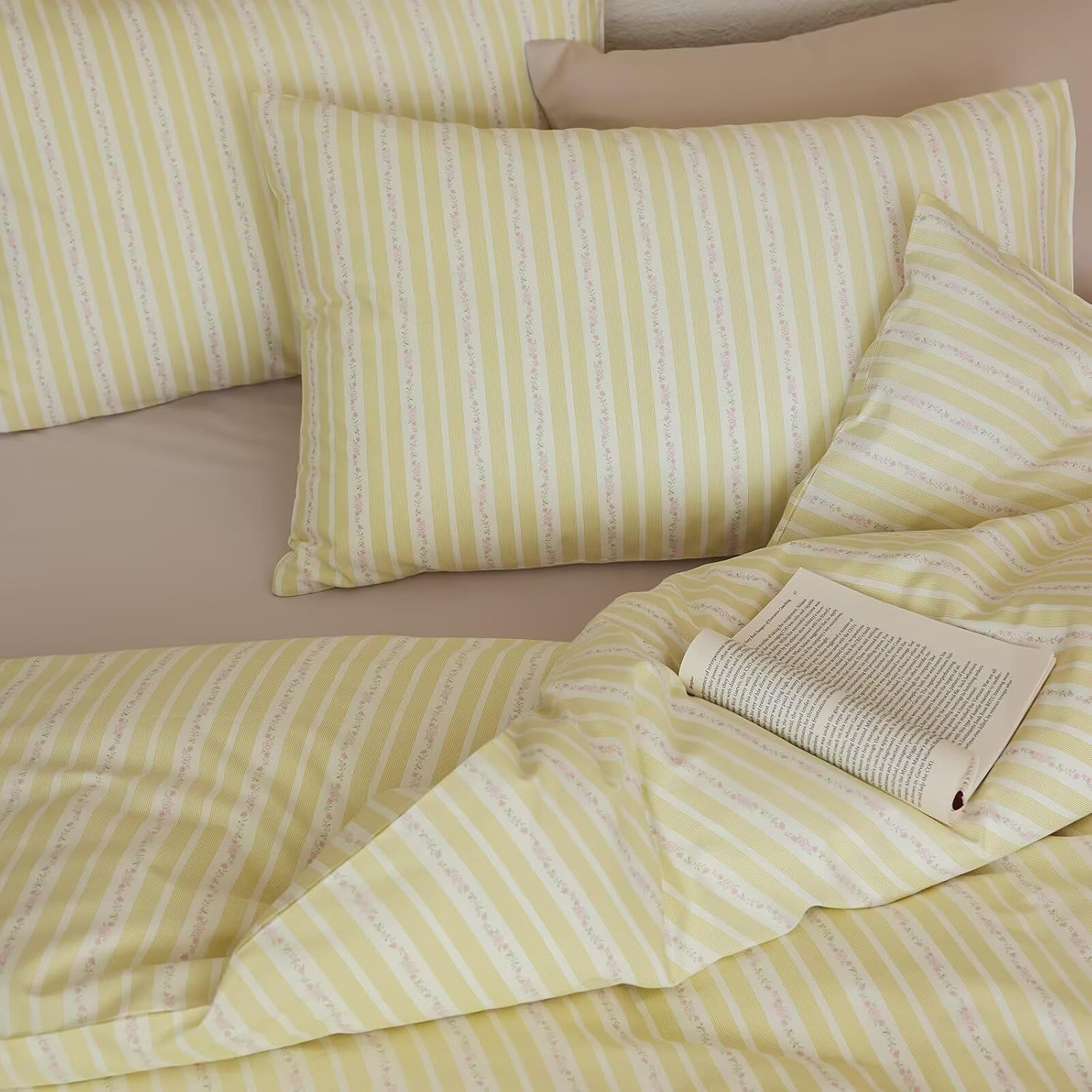 Yellow White Striped Twin Duvet Cover with Pink Floral Pattern, 100% Cotton Soft Boho Bedding Set, 3 Piece Breathable Comforter Cover with Zipper Closure (Twin Size)