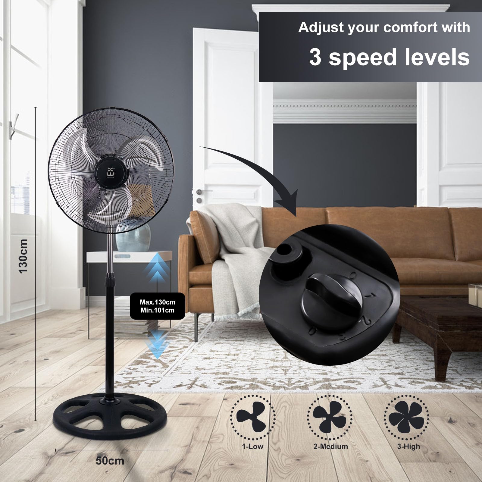 Standventilator 50cm Industrie Ventilator mit 3 Aluminiumflügeln, 80W Starker Luftstrom, 3 Geschwindigkeitsstufen, 90° Oszillation, Höhenverstellbar 101-130cm, Leiser Betrieb für Wohnzimmer Büro