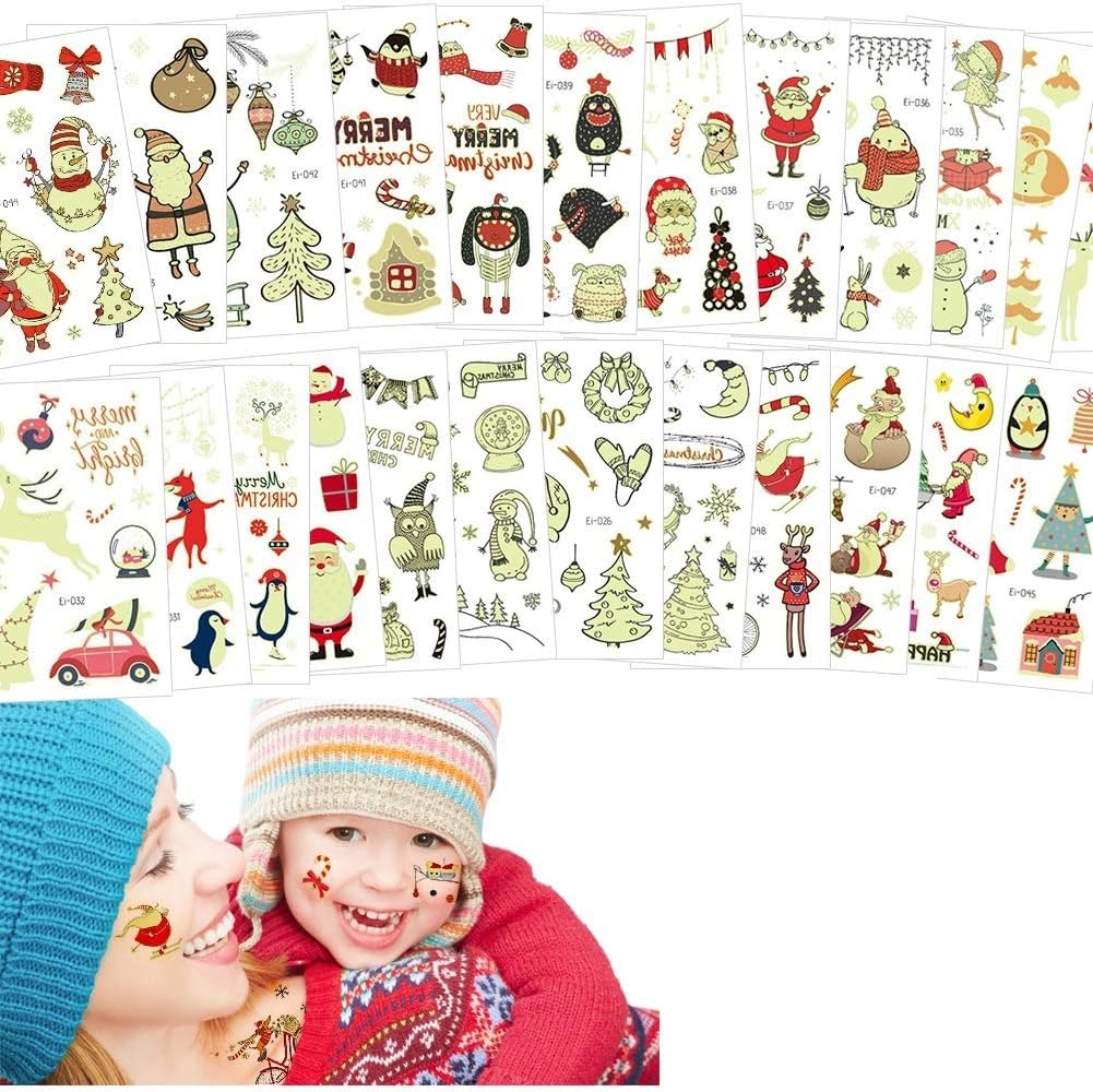 Fanoshon タトゥーシール クリスマス 顔 物品 光る こども コスプレ 24枚ボディペイントシール キッズ かわいい フェイスシール プレゼント 七五三 仮装小道具 文化祭り 学园祭 ボディメイク 子供お誕生日 文字 ハロウィンパーティー用 長持ち水転写タトゥー