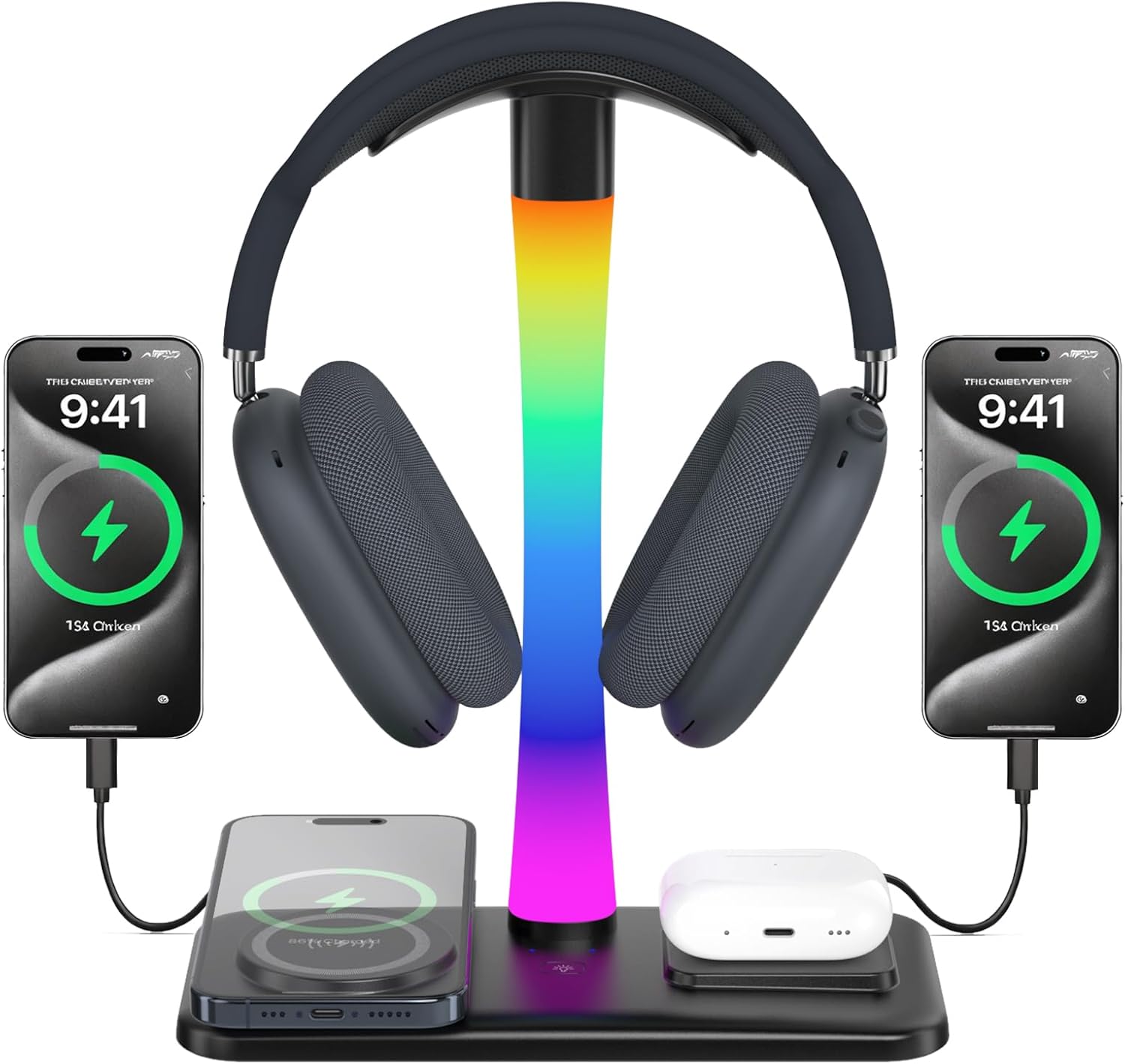 Headphone Stand with Wireless Charger,Gaming Headset stand with RGB Light Mode,For Airpod Max Stand Compatible with Airpod Pro/3/2,For iPhone 17/16/15/14/13/12/11,Gifts for Gamers & Music Lover(Black)