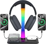 Headphone Stand with Wireless Charger,Gaming Headset Stand with RGB Light,for Airpod Max Stand Compatible with Airpod Pro/3/2,for iPhone 17/16/15/14/13/12/11,Gifts for Gamers & Music Lover(Purple)