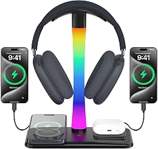 Soporte para auriculares con cargador inalámbrico, soporte para auriculares para juegos con modo de luz RGB, para Airpod Max Stand compatible con Airpod Pro/3/2, para iPhone 17/16/15/14/13/12/11, regalos para jugadores y amantes de la música (negro)