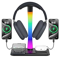 Supporto Per Cuffie con Caricabatterie Wireless,Suppor to Per Cuffie Da Gioco con Luce RGB,Supporto Per Airpod Max Compatibile con Airpod Pro, 3, 2,iPhone 16, 15, 14, 13, 12, 11,Regali per Uomini Do (Nero)