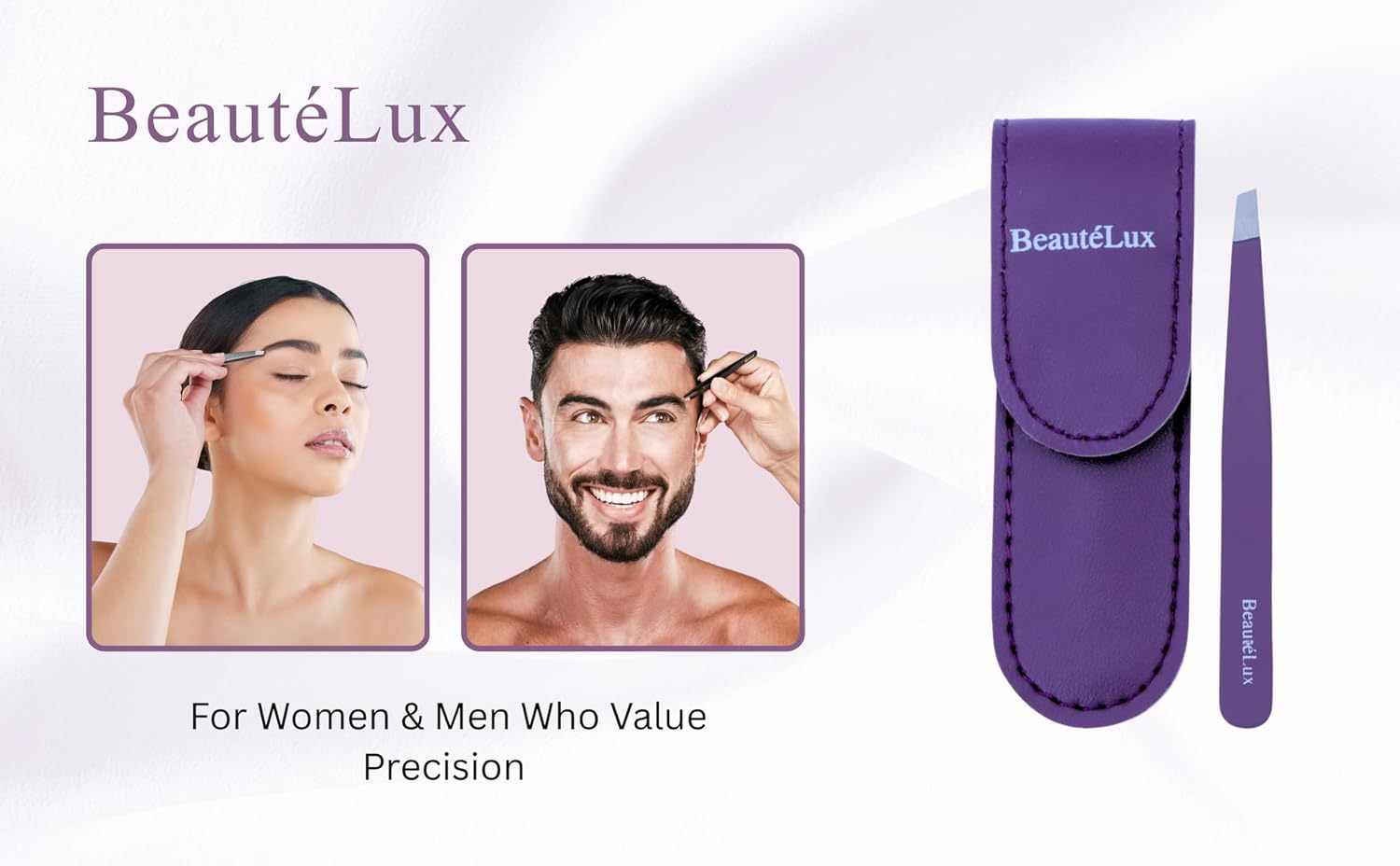 Premium Slant Tip Eyebrow Tweezer (Purple), Stainless Steel Precision Tweezers for Men & Women, for Facial Hair Removal, with Leather Case