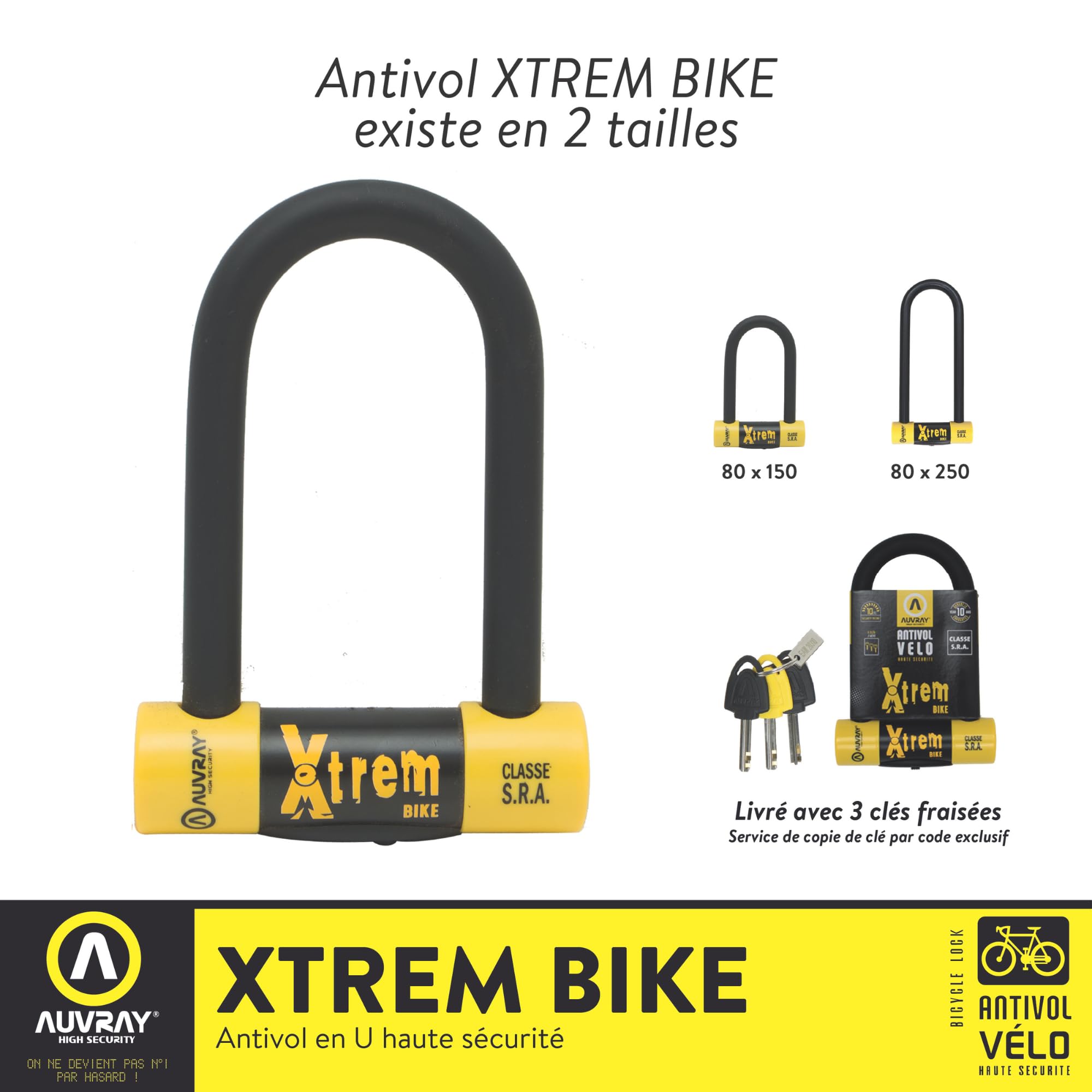Auvray - Antivol U classe SRA - vélo, moto et scooter - homologué et ultra résistant - anse acier cémenté 18 mm - 3 clefs numérotées fournies -