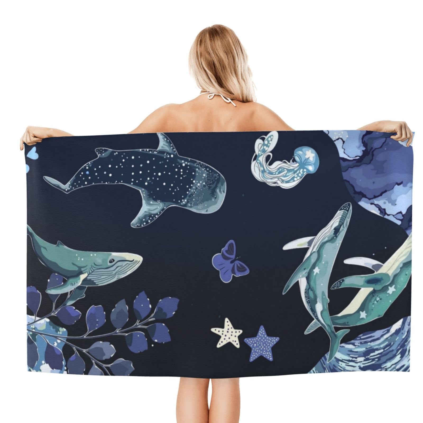 Anceky Beach Towel for Women, Whale Ocean Starfish Sand-Free Microfiber Ultra Soft Lightweight Bath Towels for Outdoor Bathroom Swimming 32"X52"