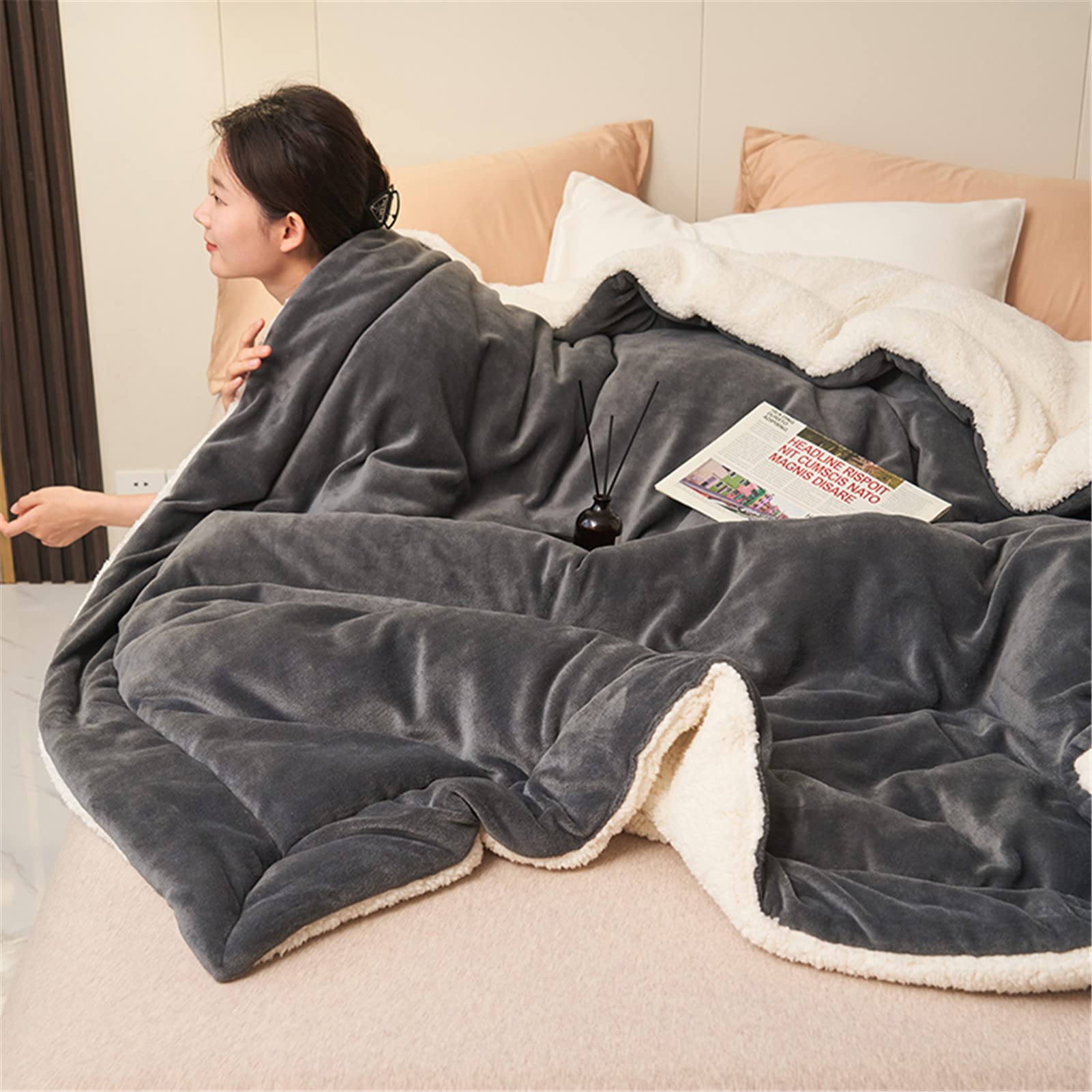 Manta Sherpa Manta Mimosa y Acogedora, Manta de Lana de Cordero, Manta Reversible de Microfibra para Cama y Sofa, Fácil de cuidar (Gris Oscuro,200x230cm)