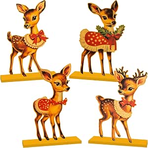 Set of 4 Vintage Wooden Christmas Sika Deer Table Decorations