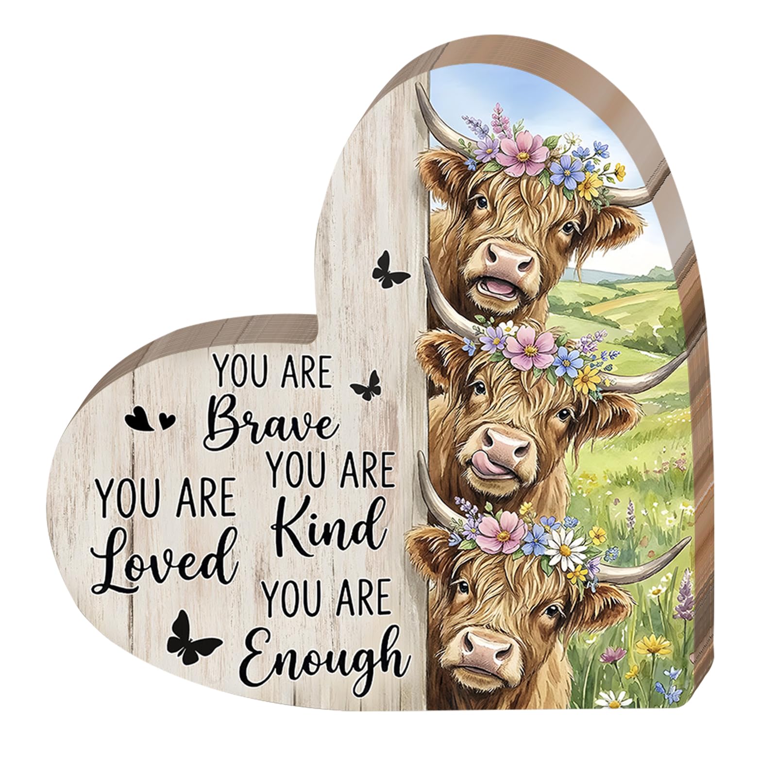 Highland Cow Keepsake Gifts, Heart-Shaped Highland Cow Ornaments with Encouraging Message, Wooden Plaques Decor for Home & Office, Inspirational Gifts for Friends, Coworker and Cow Fans