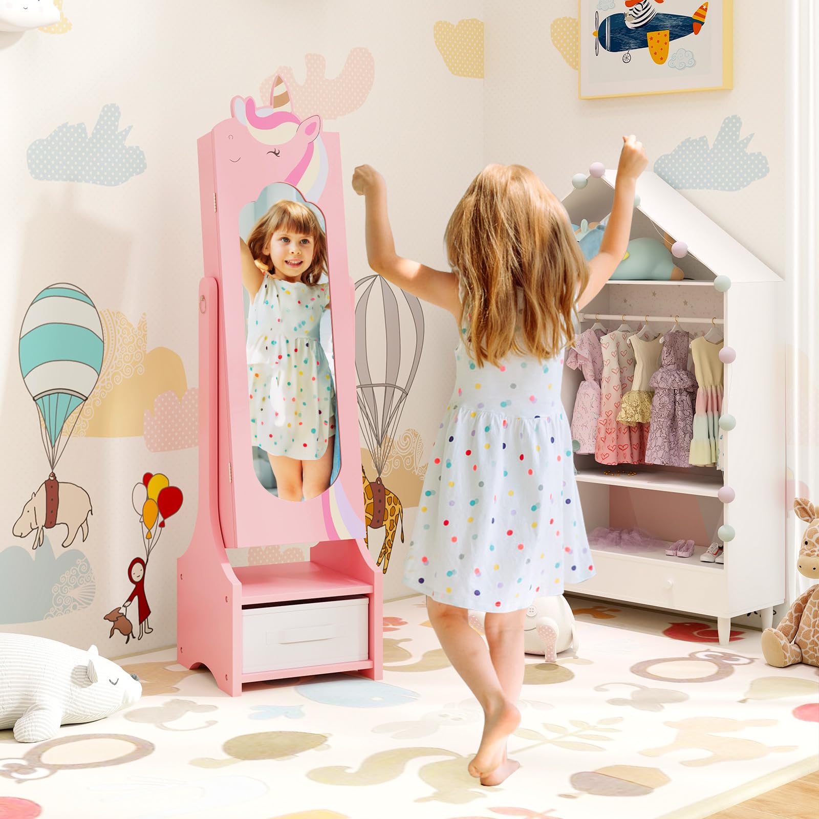 GYMAX Armadio Gioielli per Bambini, Specchio a Figura Intera con 2 Angoli Regolabili, Organizzatore di Gioielli da Principessa con Cassetto per Camera da Letto, Cameretta, 31,5 x 30 x 115cm (Rosa)