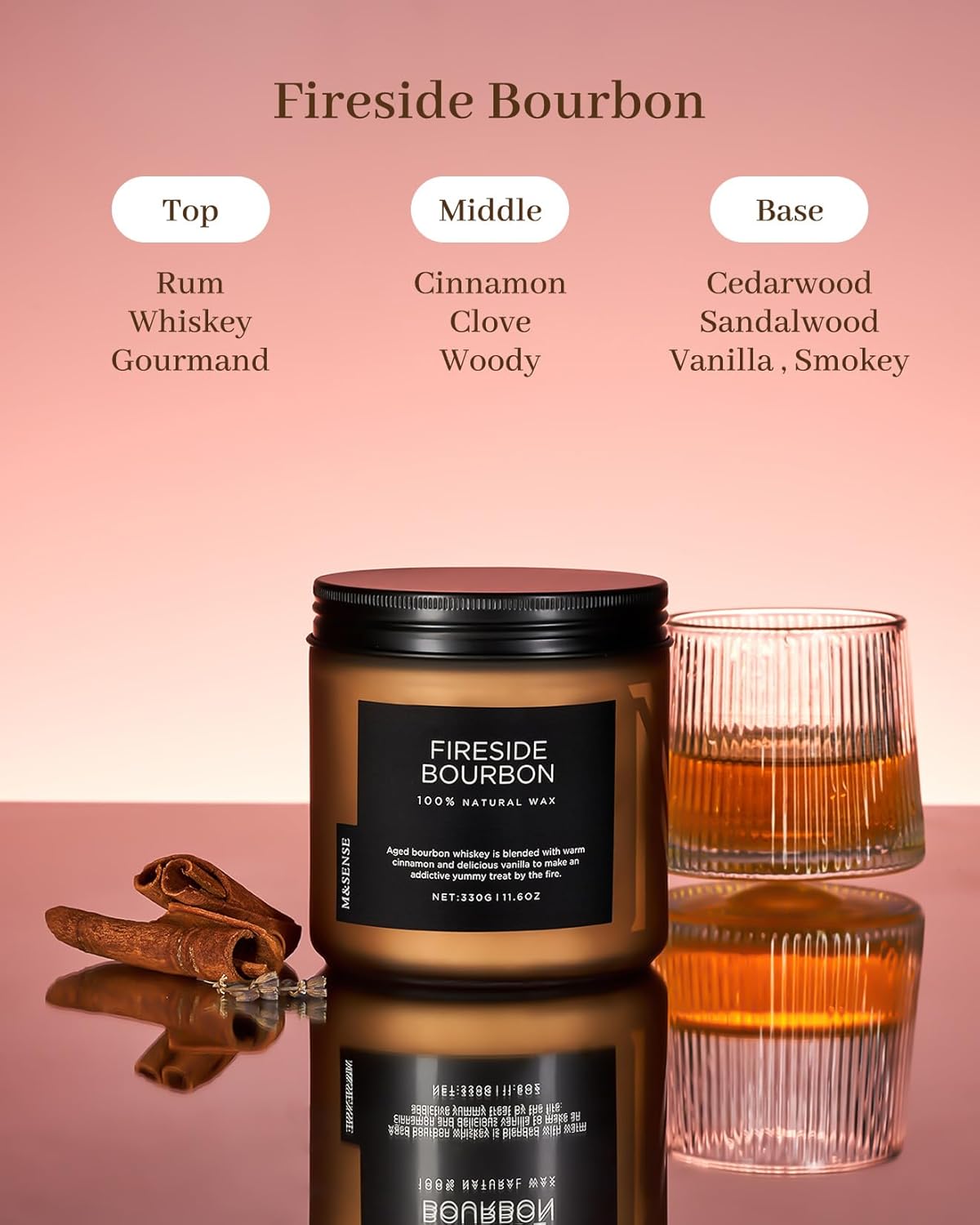 M&SENSE Fireside Bourbon Candles Home Scented, Non Toxic Soy Wax 11.6oz 70 Hours Long Clean Burning, 2 Wick Campfire Candle Cozy Winter Home Decor, Housewarming Gifts for Women Men - Image 2