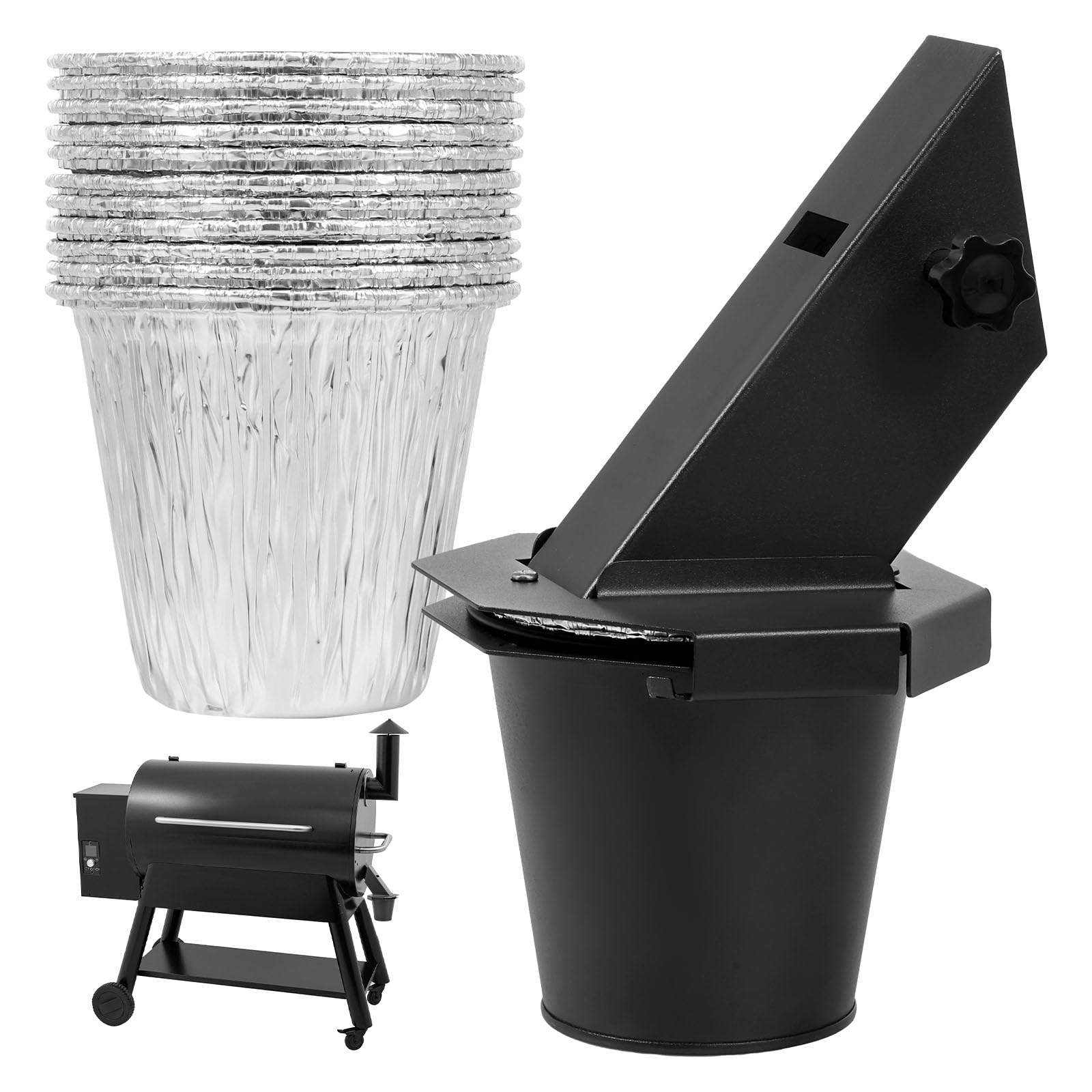 Lulobtg Black Grease Bucket With Lid And 12Pcs Liners Smoker Drip Grease Catcher Replacement Drip Bucket Compatible With Traeger Pit-Boss Z Grills Oil Catcher Container Pellet Grill Accessories