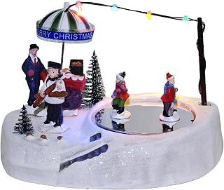 Christmas Village Ice Skating Rink Multicolor Animated Decor with Moving Hand-Painted Resin Hockey Player Statue Musical Skating Pond with LED Lights