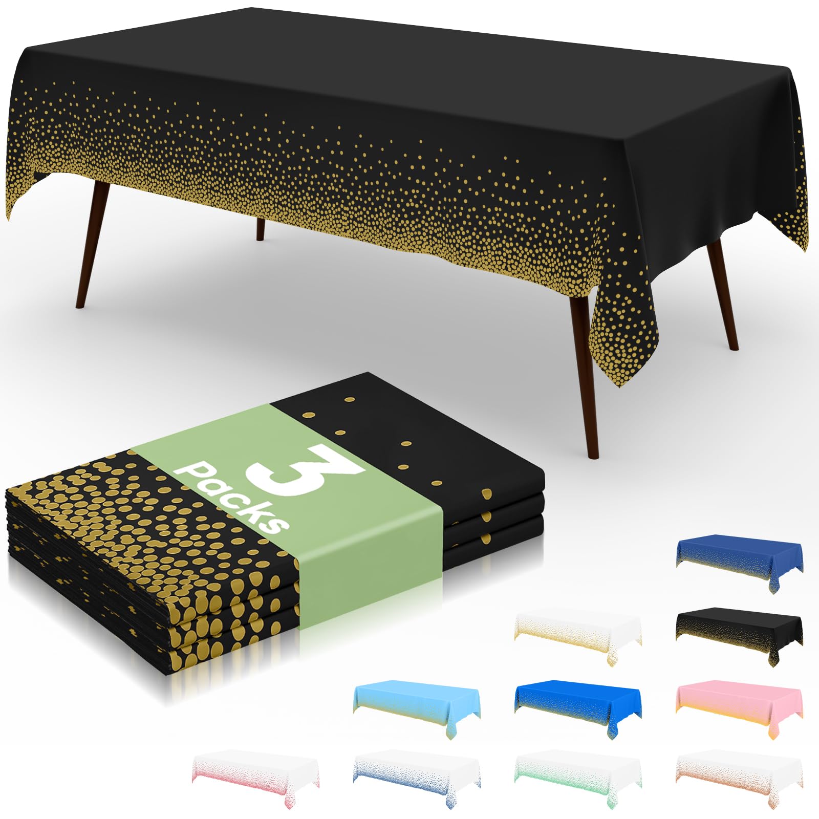 misaya 3 Packs Dot Disposable Table Cloth, 54 x 108 Inch Waterproof Plastic Tablecloth, Rectangle Gold Dots in Black Table Covers for Picnic, Birthday, Party