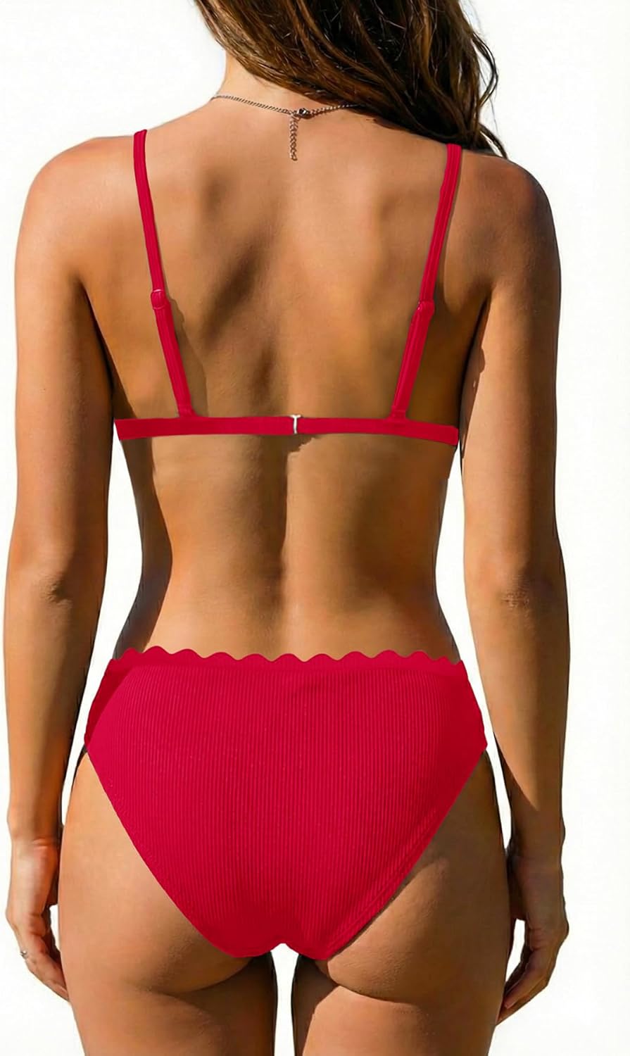 Women Ribbed Bikini Set - Triangle Two Piece Swimsuit Scalloped Bikini 2025 Low Rise Bathing Suit Red L - Image 2