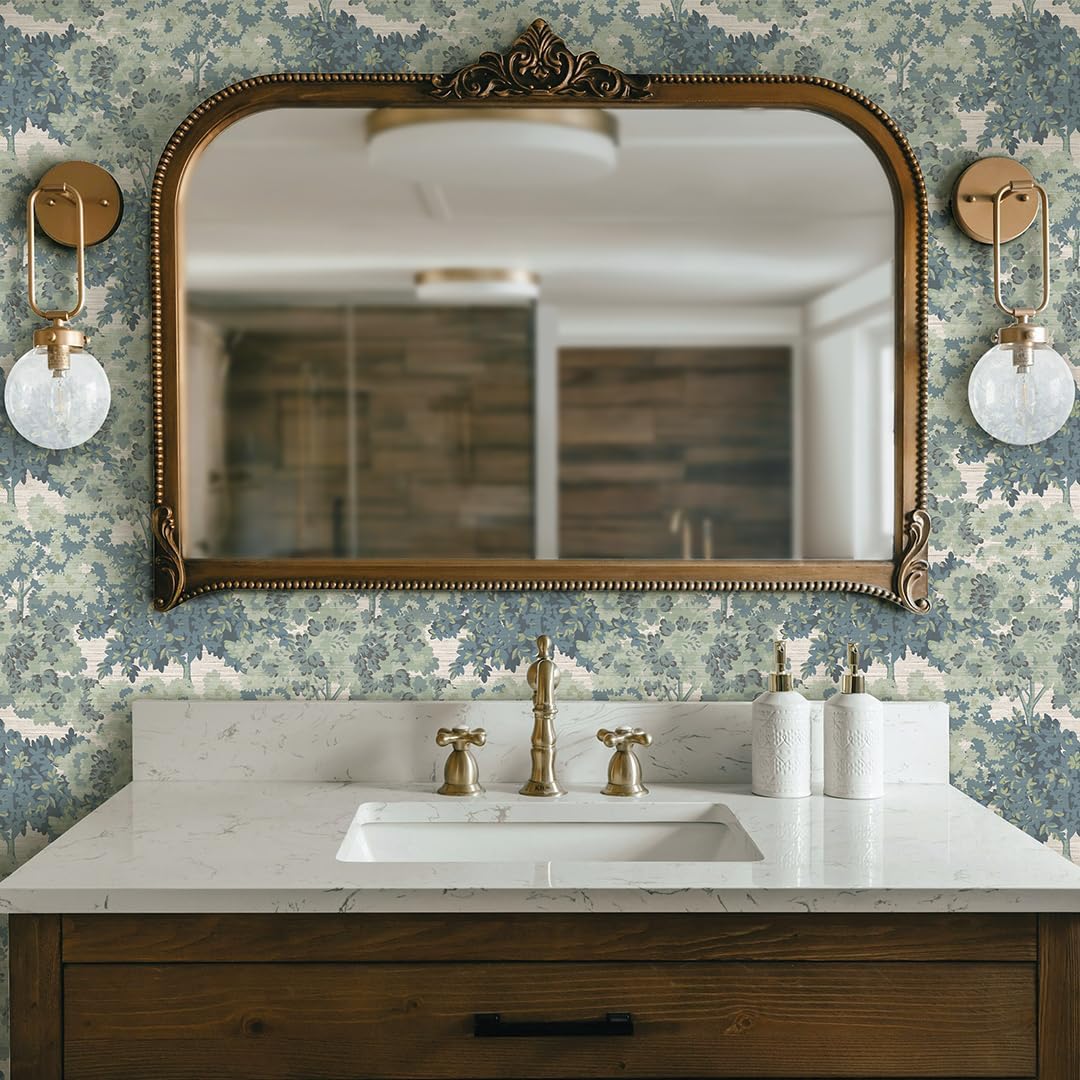 Tempaper Textured Green Canopy Toile Faux Grasscloth Removable Peel and Stick Wallpaper, 20.5 in X 16.5 ft, Made in The USA