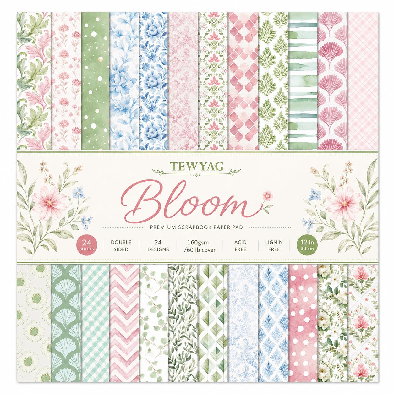 30,5 x 30,5 cm Scrapbook-Papier und Scrapbooking-Zubehör, Bloom doppelseitig, gemusterter Kartonblock, dekorative Bastelblätter für Junk-Tagebuch und Fotoalbum, 24 Blatt