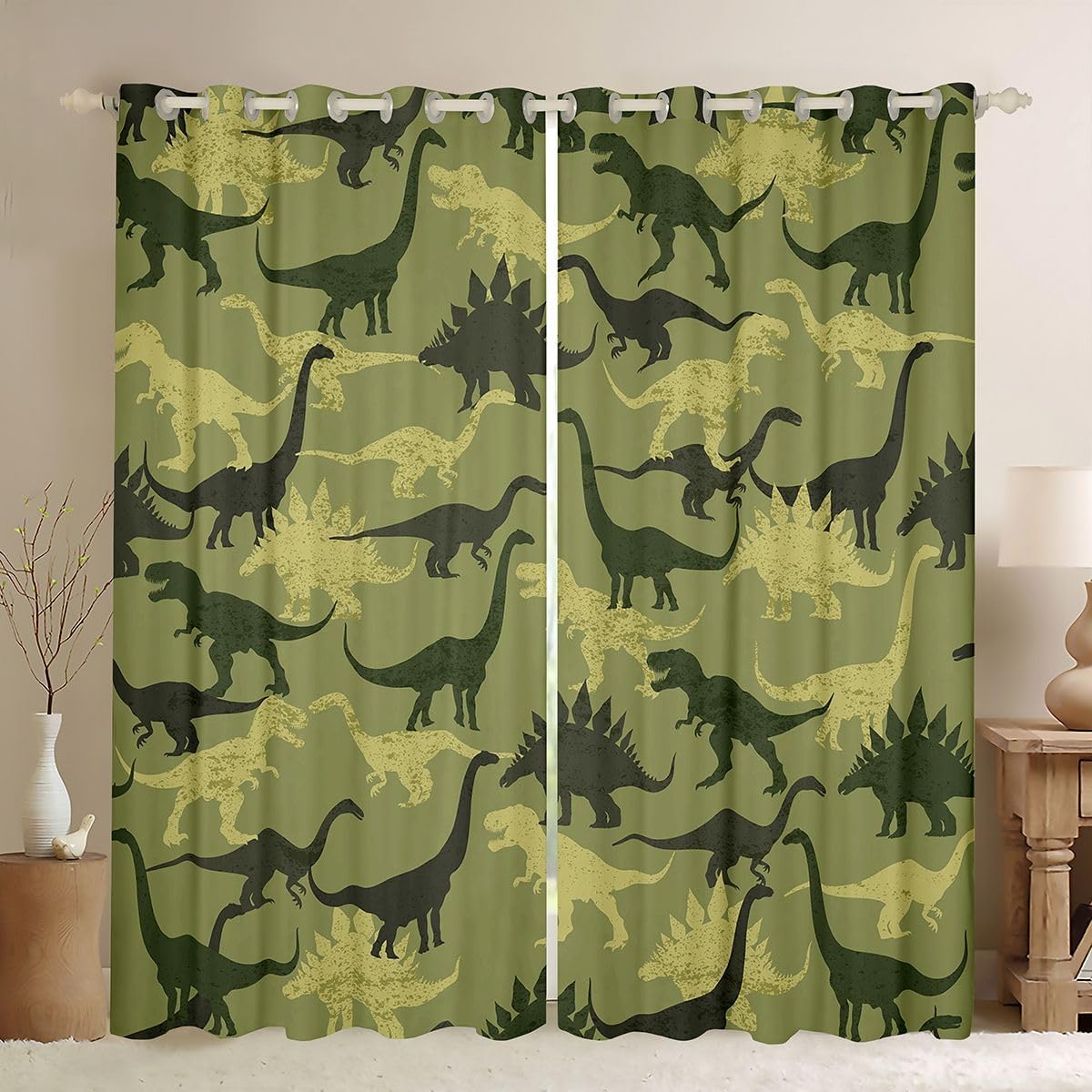 Feelyou Dinosaur Curtains for Bedroom Living Room Camouflage Dino DinosaurBlackout Darkening Drapes Cute Funny Green Window Treatments, 2 Panels 38 x 45 Inch Room Decor