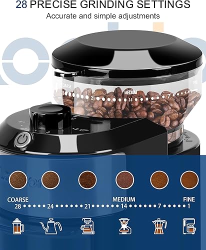 Miniatura 2 de Lonkion Molinillo de café eléctrico de rebabas - Molinillo de rebabas ajustable con 28 ajustes precisos de molienda para 12 tazas - Molinillo de