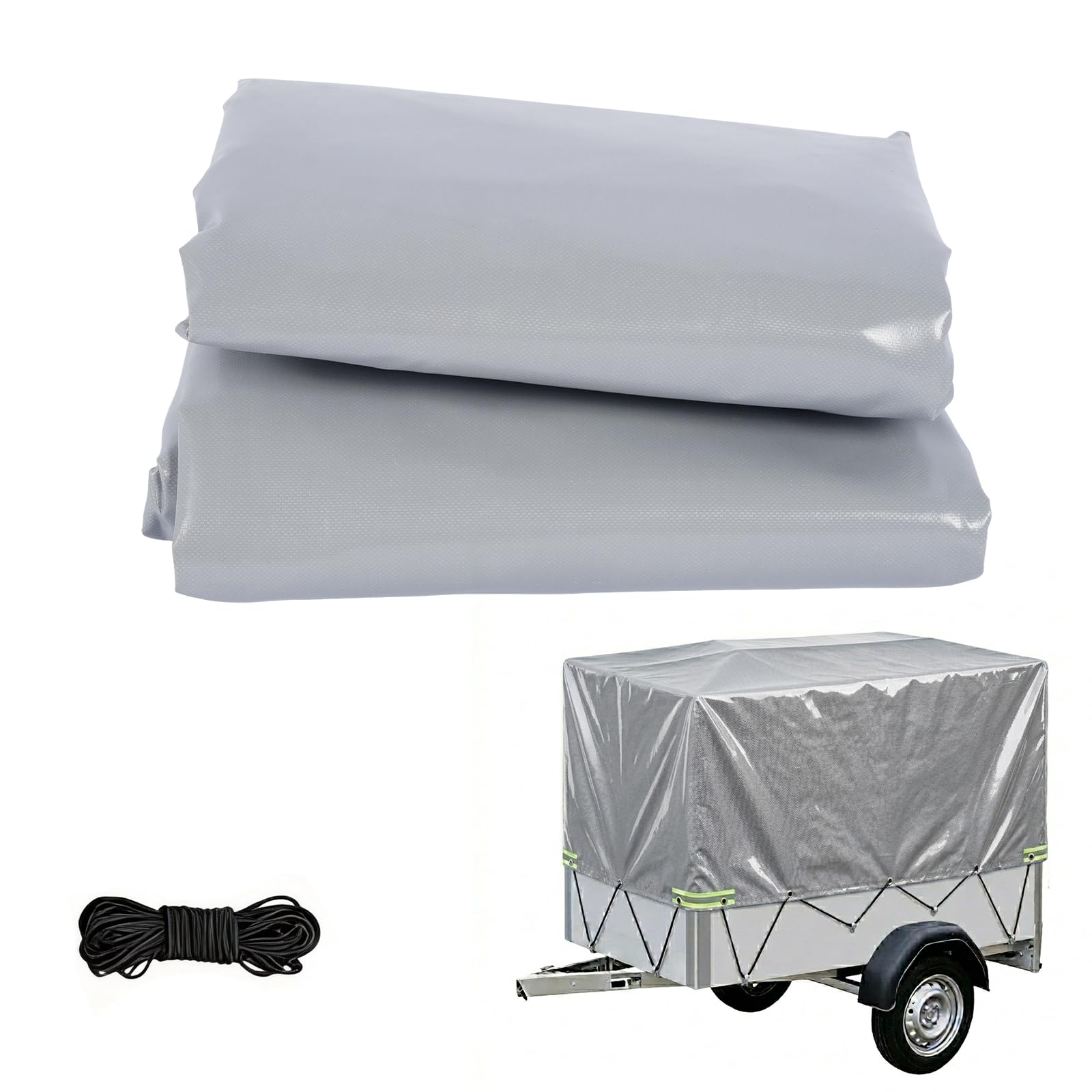 Anhängerplane 210x114x90 cm - Extra Stark 500g/m² PVC LKW-Plane - Wasserdicht & Reißfest - Grau - Mit 4X Reflektorstreifen, Alu-Ösen & 6mm Expanderseil - Profi Abdeckplane für PKW Anhänger