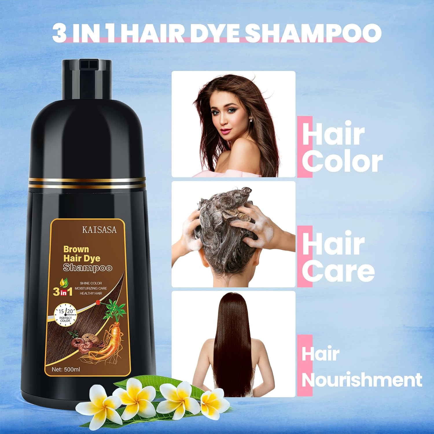IIIMEIDU Hair Dye Shampoo 3 in 1 for Grey Coverage, Herbal Ingredients Shampoo Hair Dye for Women Men 500ml (Brown)