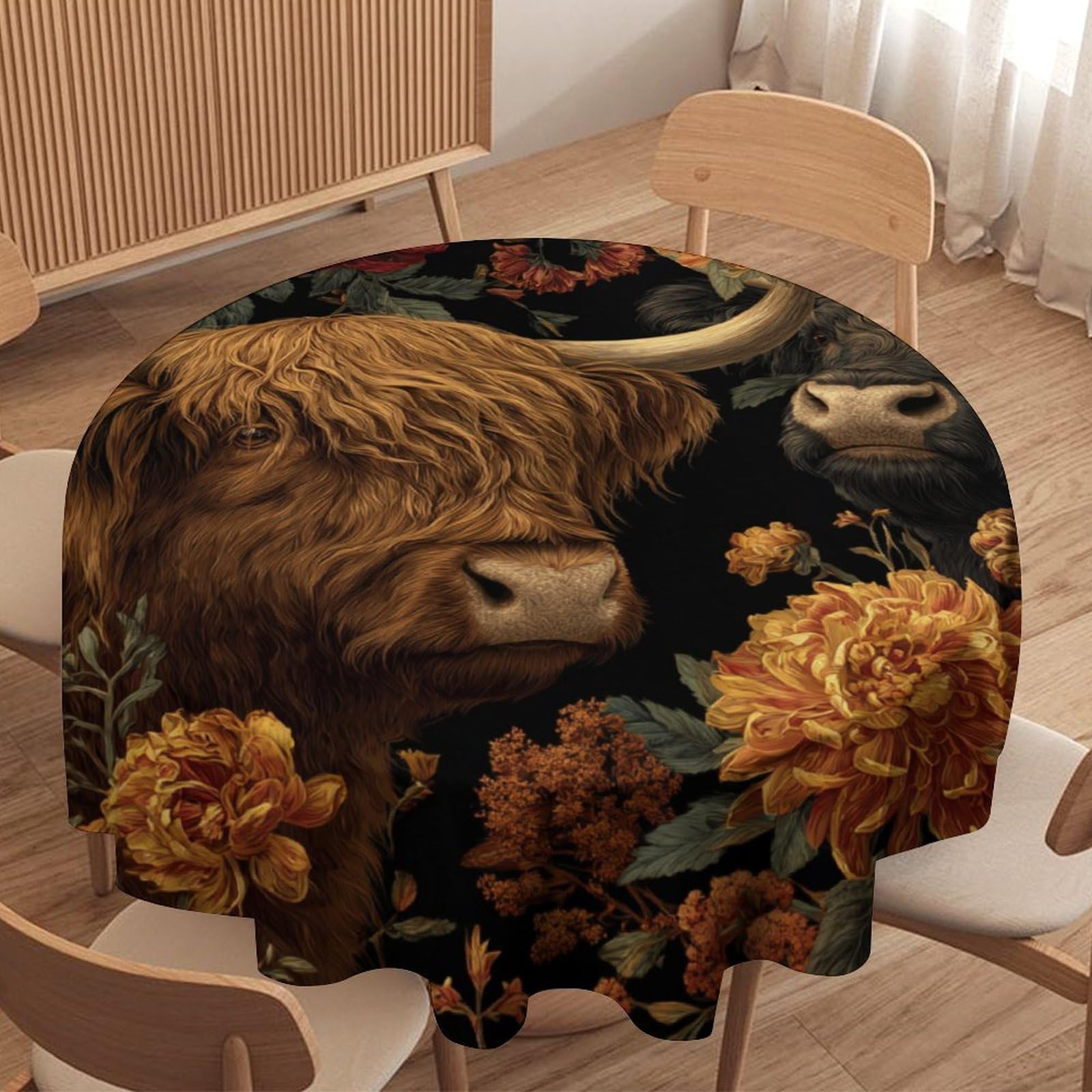LUYYSKY Vintage Rustic Highland Cow Waterproof Round Tablecloth Beautiful Watercolor William Morris Plant Floral Animal Cow Pattern Washable Table Cover for Kitchen-177.8" Wx177.8 L cm