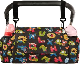 CUPADA Universal Baby Stroller Organizer Bag Cartoon Monsters Alphabet, Stroller Organizers with Insulated Cup Holders Detachable Shoulder Strap Storage Carrying Diaper and Snacks