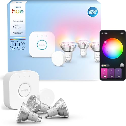Hue Essential Kit Inicio: Hue Bridge + 3 bombillas led inteligentes GU10 + Smart button, Luz Blanca y Colores, regulable