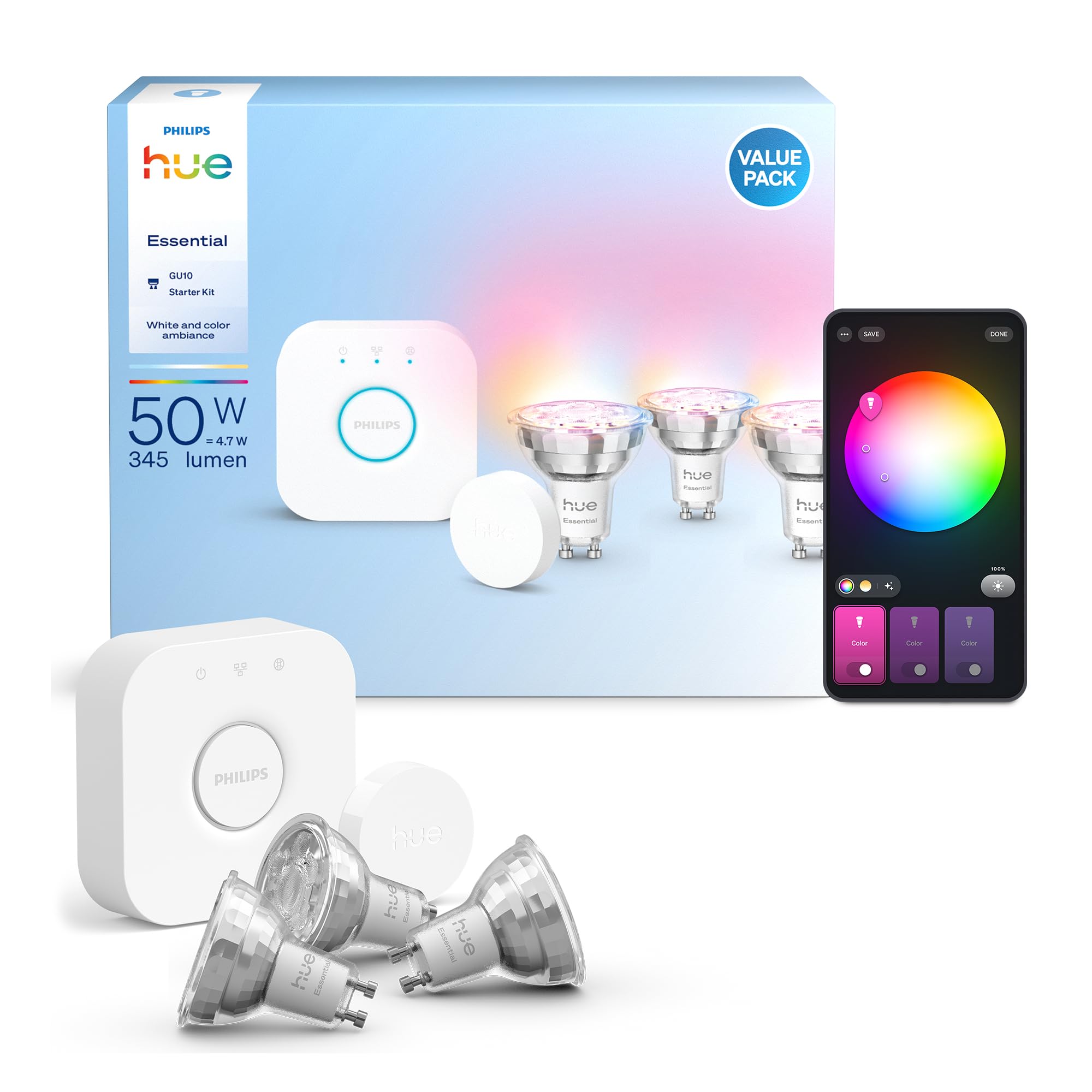Philips Hue Essential Starter-Set: Bridge + 3 Essential GU10 Smart Leuchtmittel + Smart Button, White und Color Ambiance LED Licht, 2200-6500K, dimmbare LED Lampen, steuerbar mit Sprachassistenten