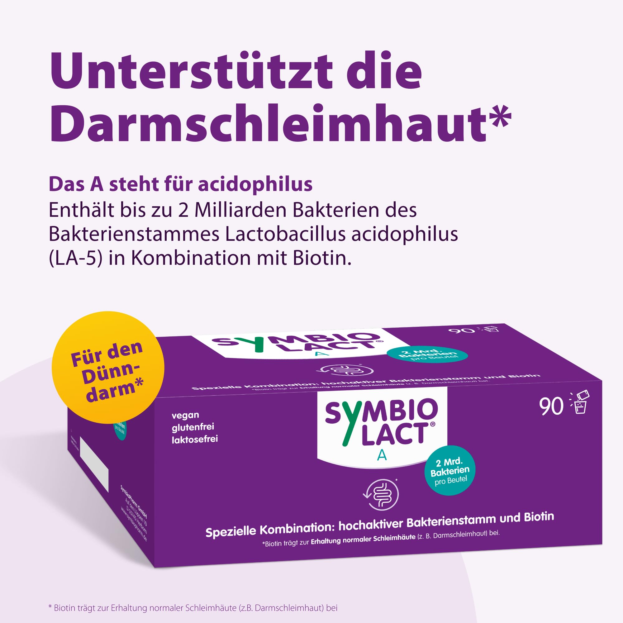 SymbioLact A für die Darmschleimhaut des oberen Verdauungstrakts, 90 Beutel | Mit Milchsäurebakterien und Biotin, 2 Mrd. Bakterien pro Beutel