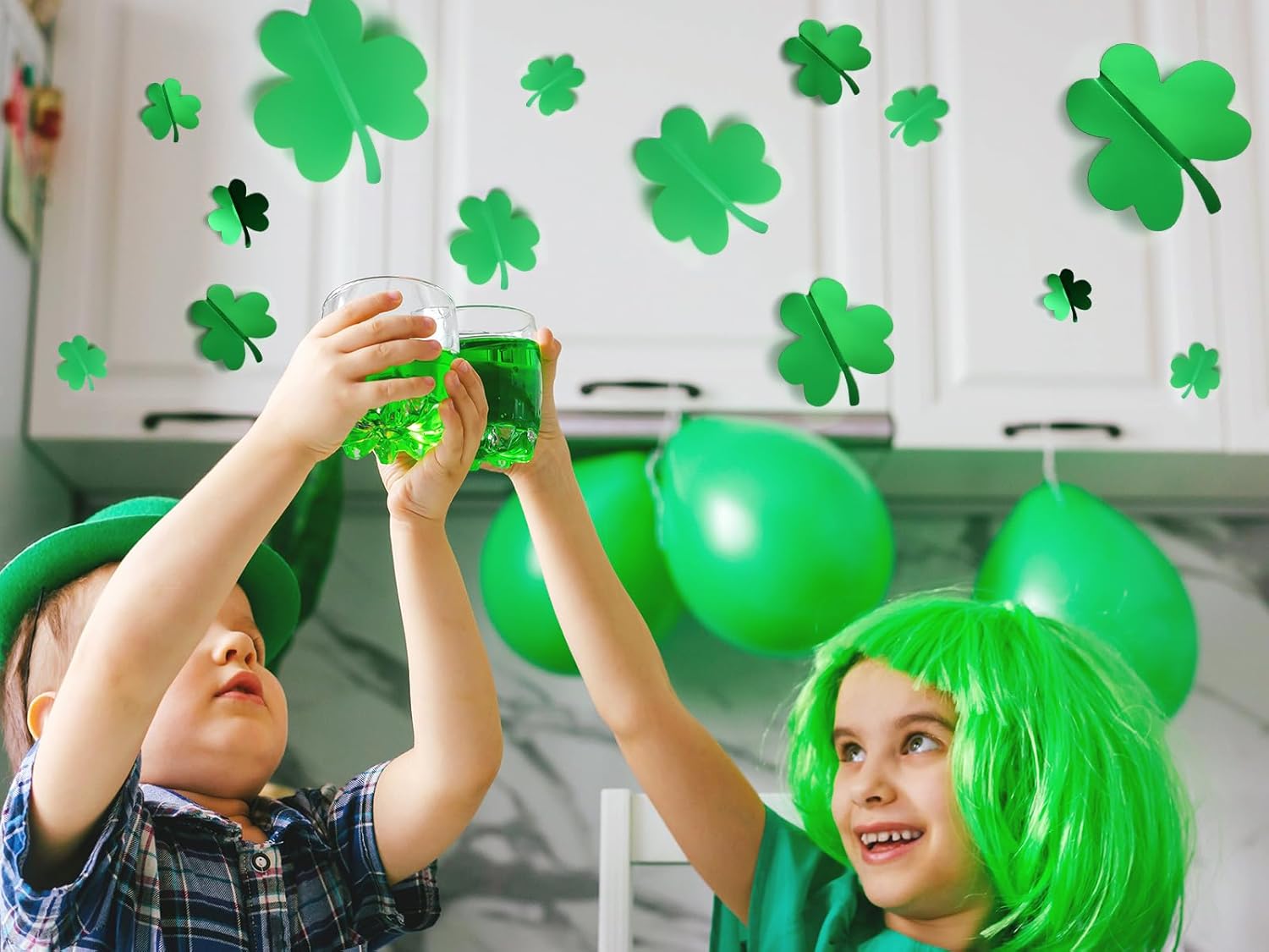 60 Pcs St. Patrick's Day Shamrock Wall Stickers, 3D Green Lucky Shamrock Wall Decor, Waterproof Wall Decals, for Spring Holiday Party Bedroom Home Office School Decor, 4 Different Sizes