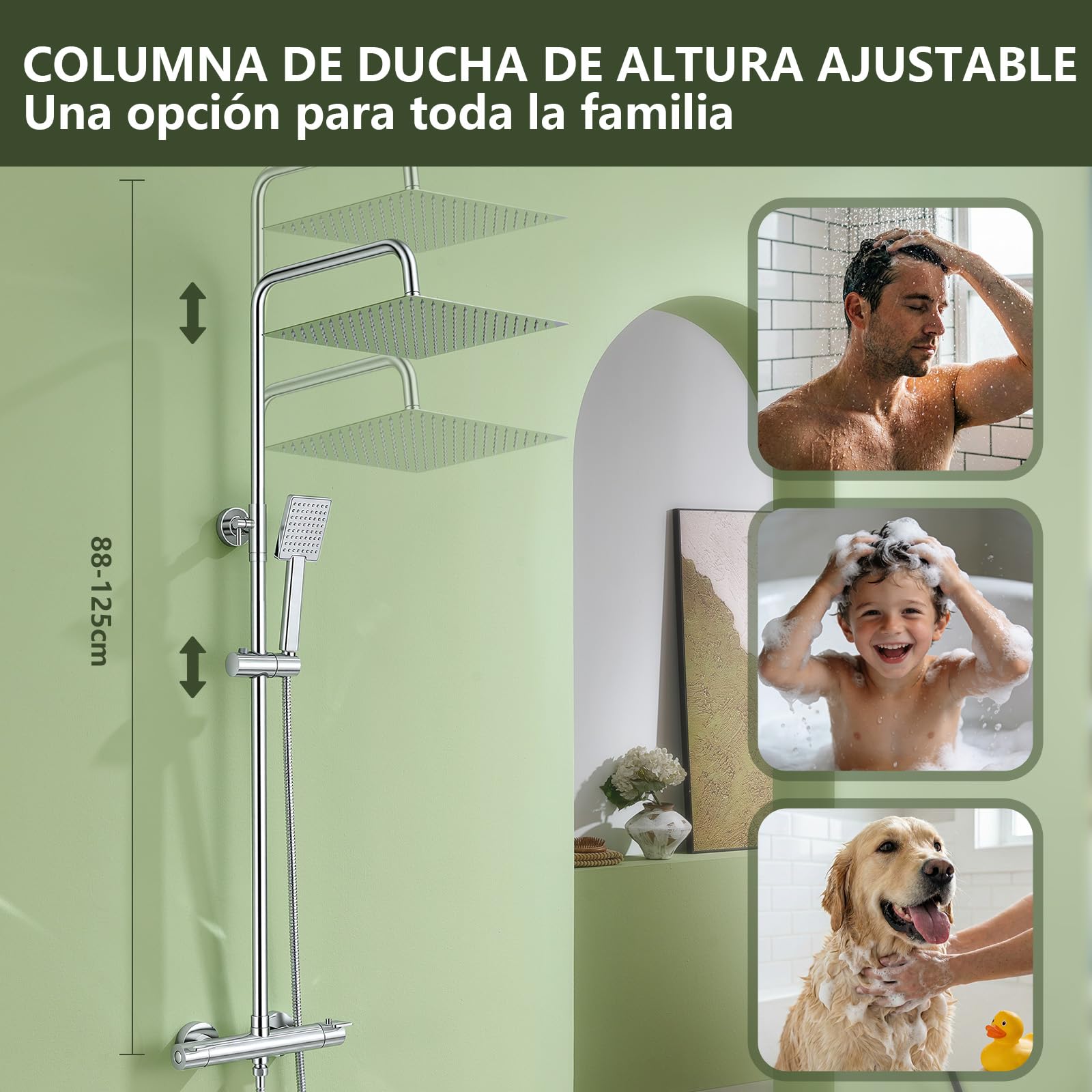 Sistema de ducha termostático acero inoxidable, cabezal lluvia cuadrado 12" (30 cm), ducha mano 1 modo. Grifería completa ajustable en altura, protección quemaduras, ahorro agua