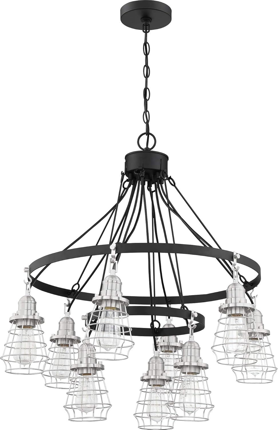 Craftmade 50623-FBBNK Thatcher Vintage Industrial Metal Wire Cage Down Chandelier, 3-Light 300 Watts, Flat Black/Brushed Polished Nickel