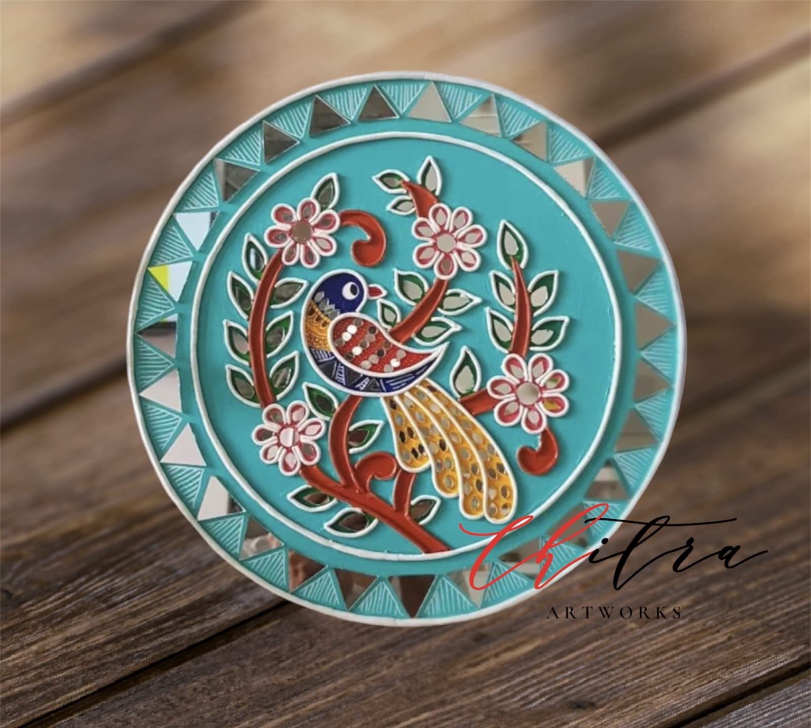 Engineered Wood Chitra Artworks_Handmade Mud Round Mirror Painting For Wall Decor (12 X 12 Inches Pack Of 1) (Bird), Multicolour