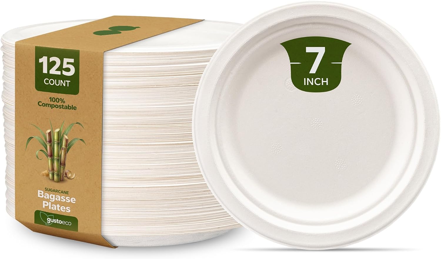 GUSTO 100% Compostable Sugarcane Paper Plates, Heavy Duty, Eco-Friendly, Biodegradable - White, 7 Inch, 125 Count