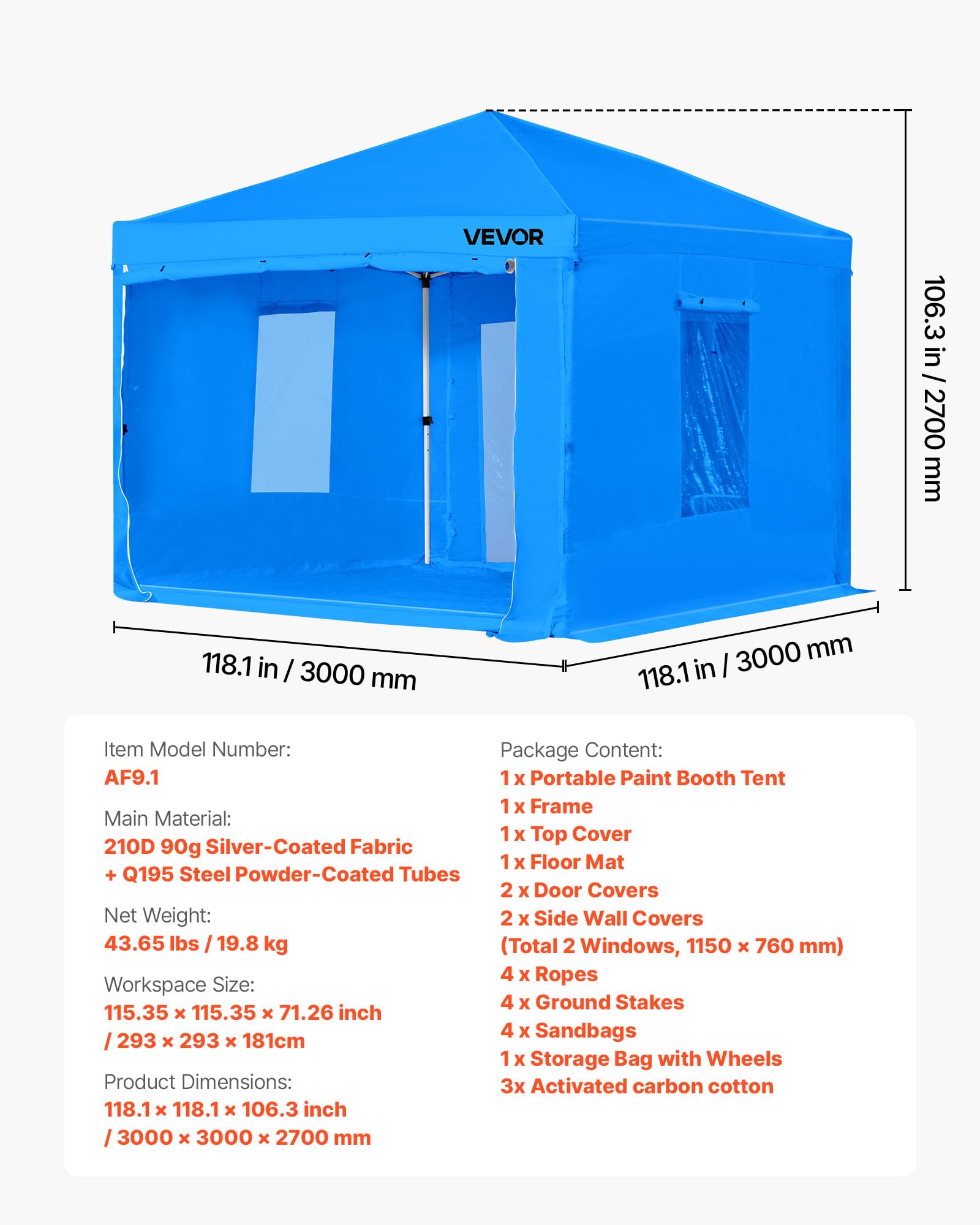 VEVOR Carpa Portátil Espaciosa para Cabina de Pintura, Impermeable y Plegable, con 2 Ventanas Laterales de Malla, Ideal para Autopartes, Muebles y Motocicletas, Color Azul, 3000 x 3000 x 2700 mm