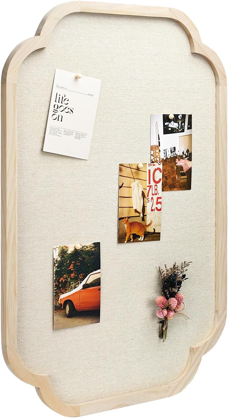 Modern Scalloped Pinboard, 20" x 30" Rustic Fabric Bulletin Board, Natural Wood, Decorative Pin Board for Farmhouse, Home Office & Vision Board Display