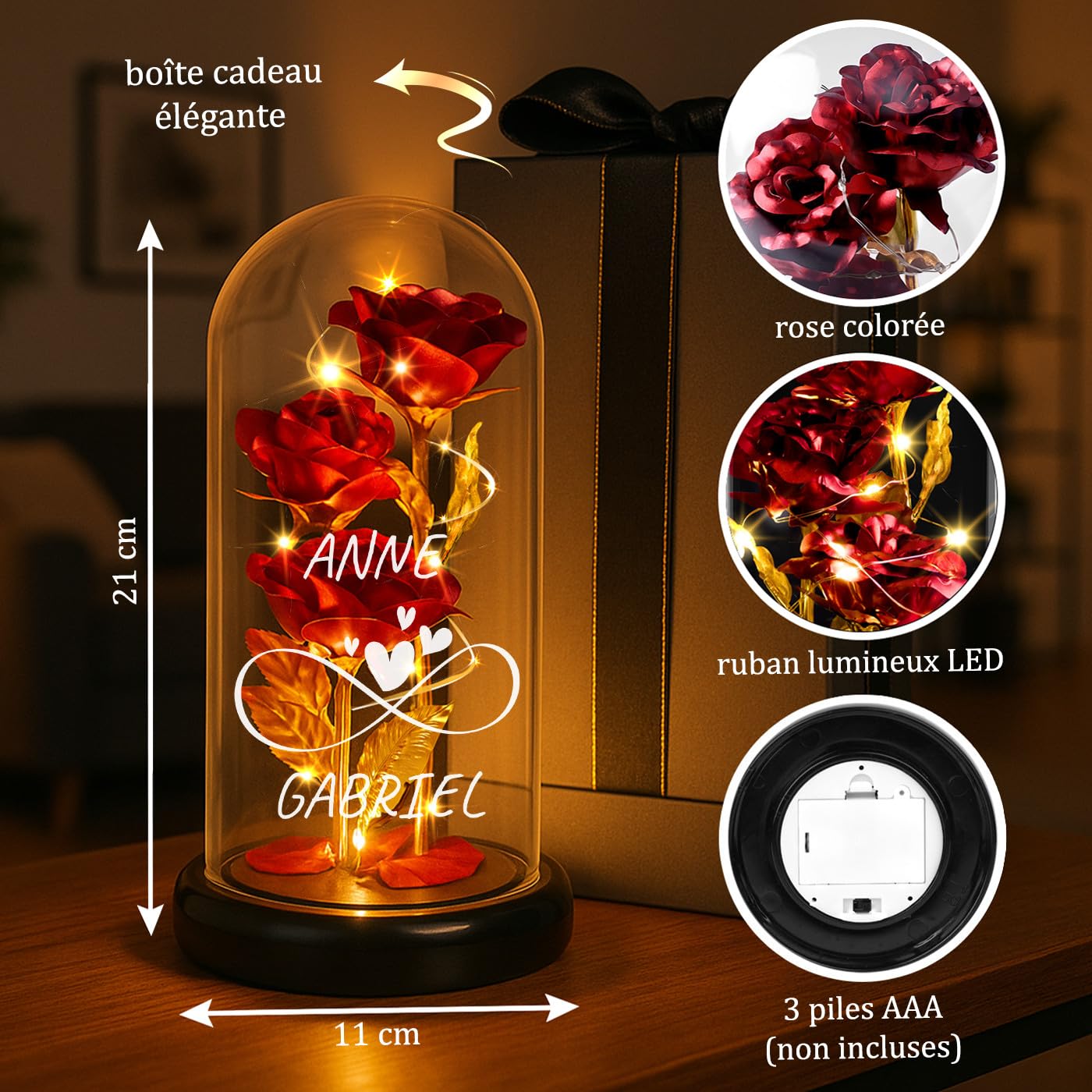 Maverton Rose Eternelle sous Cloche LED avec Gravure - Rose Immortelle Rouge avec Lumière Chaude LED - Idee Cadeau Couple - Cadeau Personnalisé Amour pour Amis Saint-Valentin Mariage - Amour Infini
