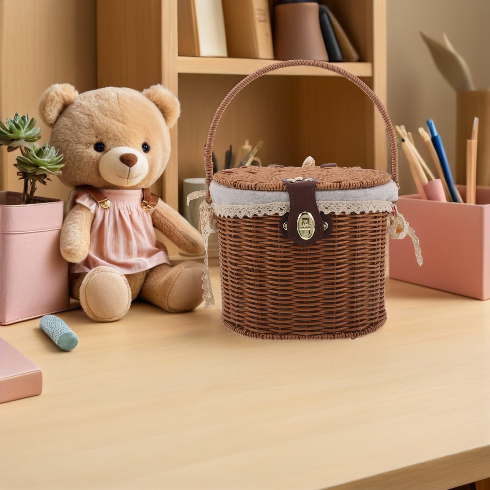 PRETYZOOM Cesta Tejida a Mano Pequeña con Tapa y Asas Forro de Tela Interior Cesta Decorativa Multiusos para Almacenamiento y Picnic y Cocina Estilo Rústico Natural