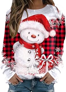 YuzRong Women's Sweatshirts Women Christmas Print Hoodless Loose Pullover Tops Round Neck Casual T Shirt Long Sleeve Sweatshirt Casual Loose Pullover Tops