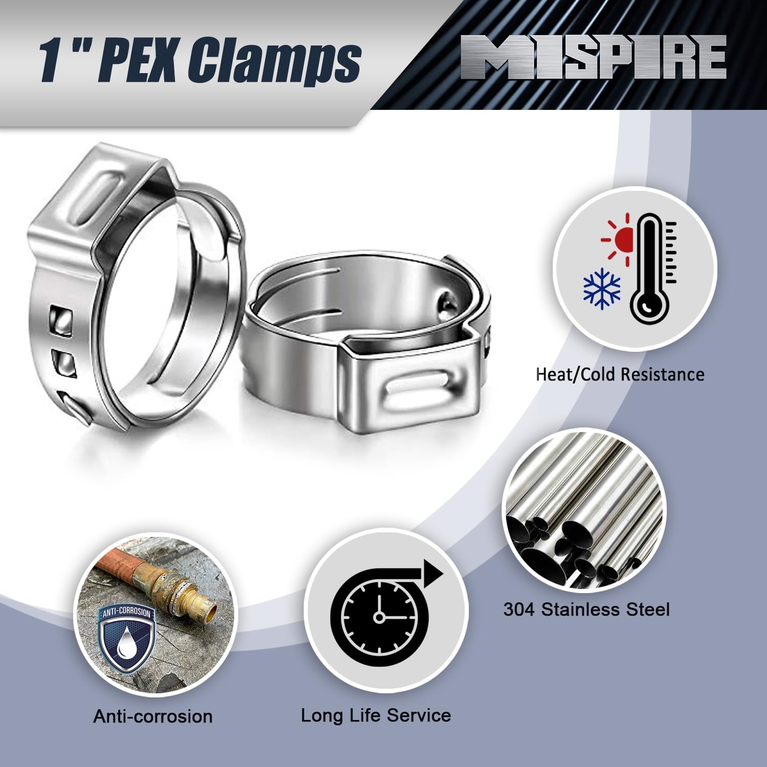 PEX - Confezione da 50 morsetti per tubi PEX da 1", in acciaio inox 304, per raccordi per tubi PEX