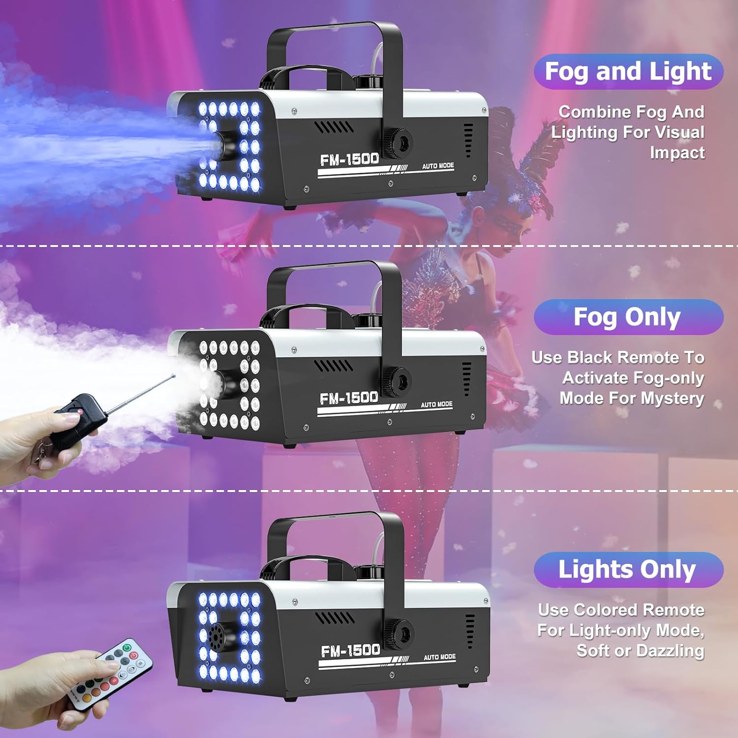Fog Machine Halloween Outdoor Indoor, 1500W Smoke Machine Fog with 24 LEDs Strobe Lights and Remote for DJ Party Disco Stage Wedding