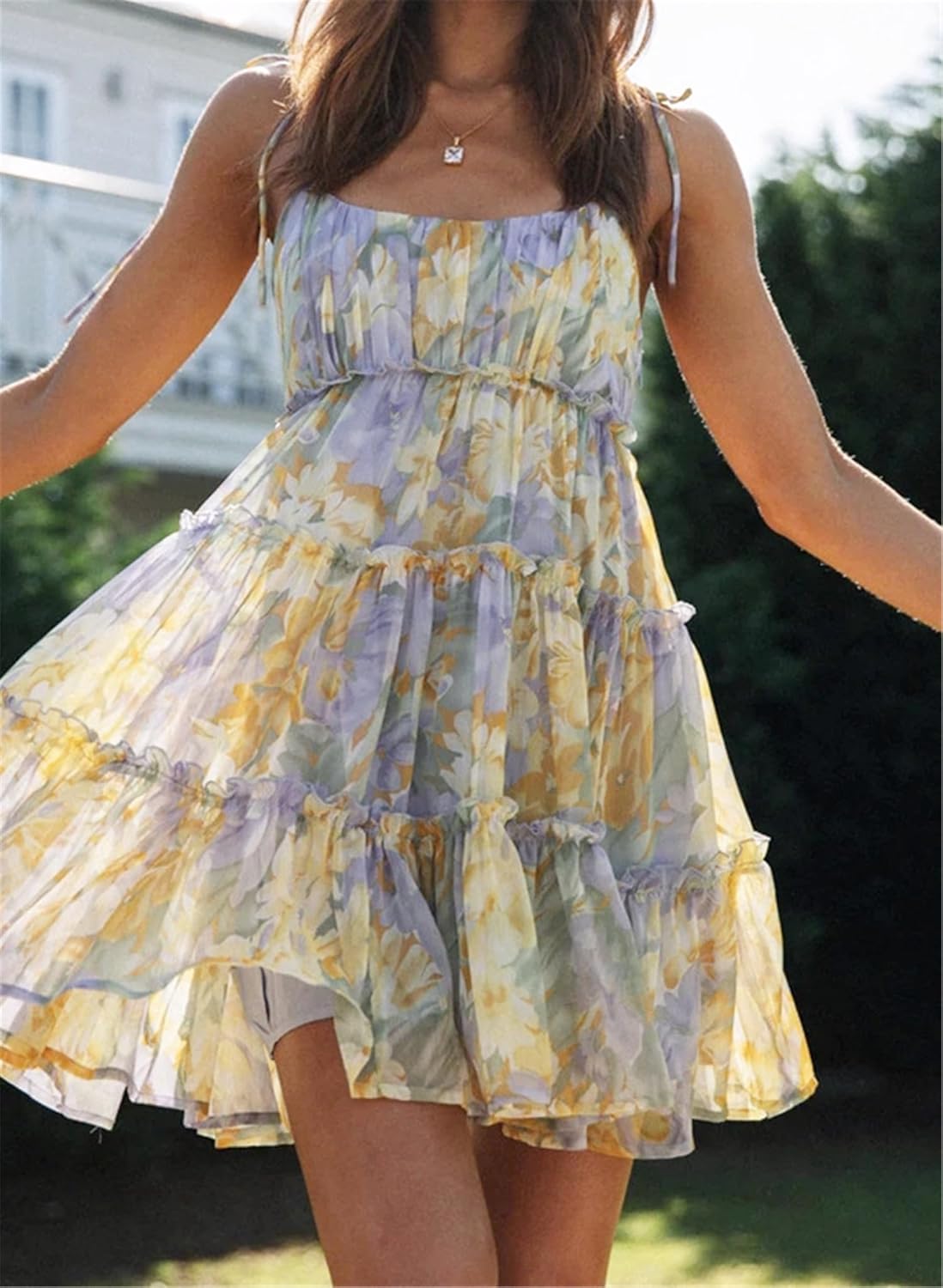 AELSON Sundresses for Women 2025 Floral Summer Dress Boho Flowy Cute Dresses Spaghetti Strap Sleeveless Ruffle Mini Dress - Image 5