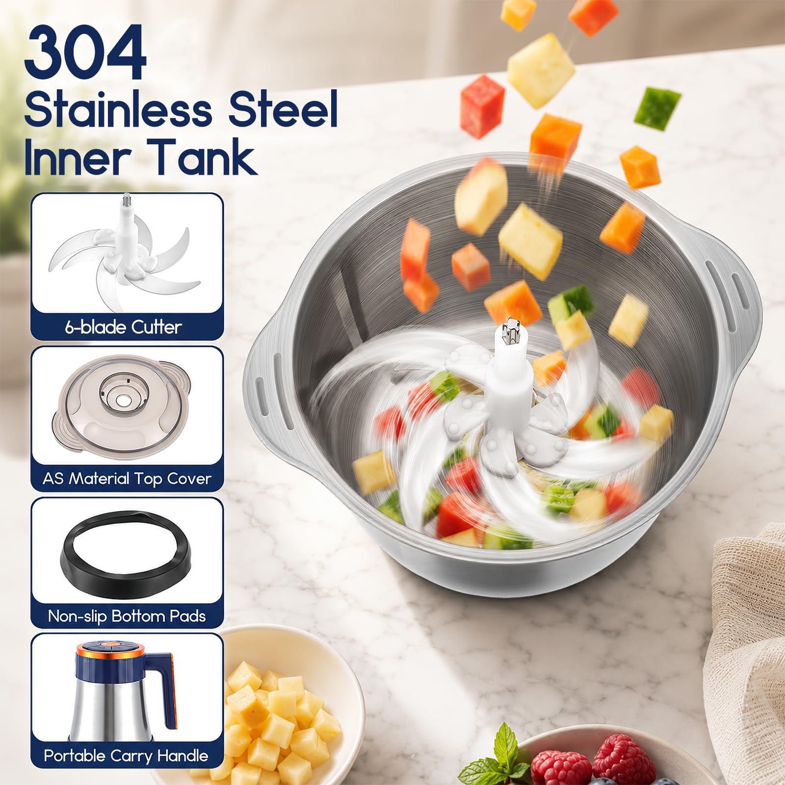 Tritatutto elettrico da cucina, 500 W, 5 l, in acciaio inox, tritacarne elettrico con 7 velocità e 6 lame, tritacarne per carne, cipolle, verdure, tritacarne universale 5 in 1