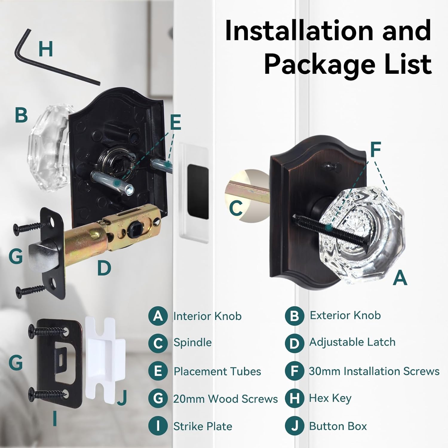 Crystal Door Knobs, Octagonal Glass Door Knobs, Oil Rubbed Bronze Crystal Door Knob with Lock for Bathroom Bedroom, 1 Pack Vintage Glass Doorknob