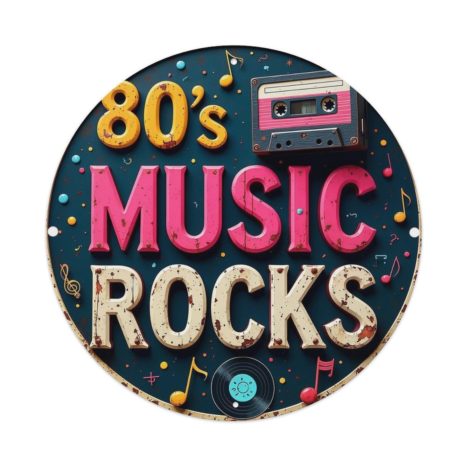 Retro Music Cassette Vinyl Notes Vintage Round Tin Sign Retro Metal Wall Decor Metal Poster, Home Bar Garage Cafe Wall Art Decoration 8x8Inches