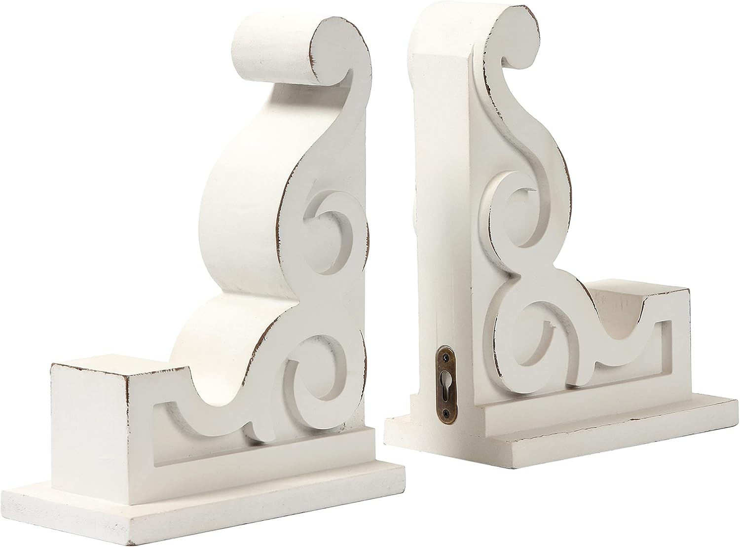 SOFE 1 Pair Rustic Wood Scroll Corbels Bookends, White Bookends Decorative, Sculpture Farmhouse Brackets, Book Ends for Heavy Books Home Office Decor