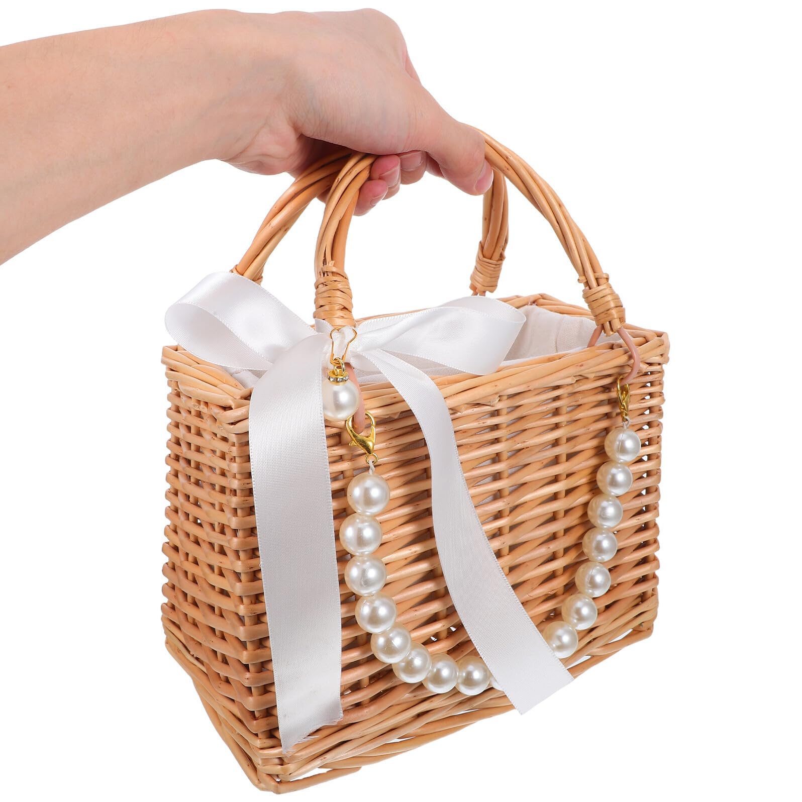 Handgefertigter Dekorativer Geflochtener Blumenkorb aus Weide mit Perlenkette und Schleifenband Elegante Geschenktasche für Hochzeitsfeiern und Partys